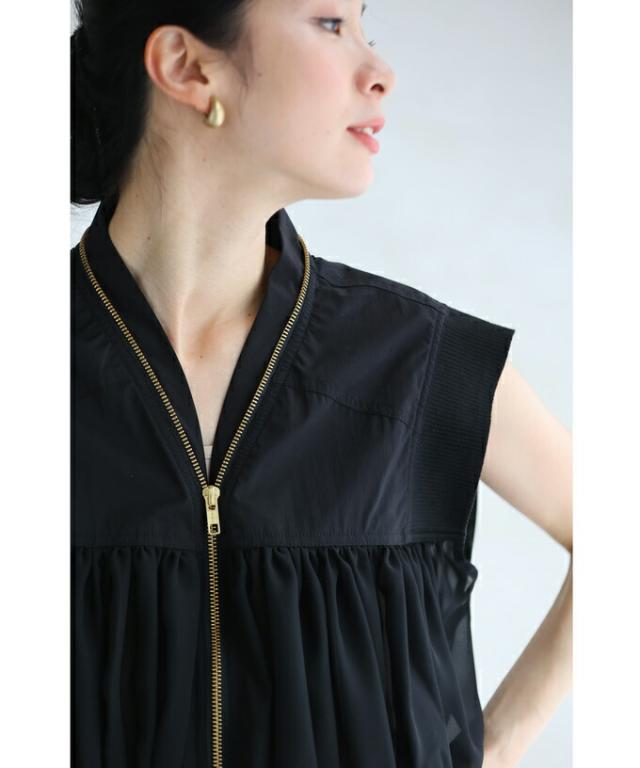 再入荷6月5日 （黒）チュールギャザーのダブルジップアップベスト
