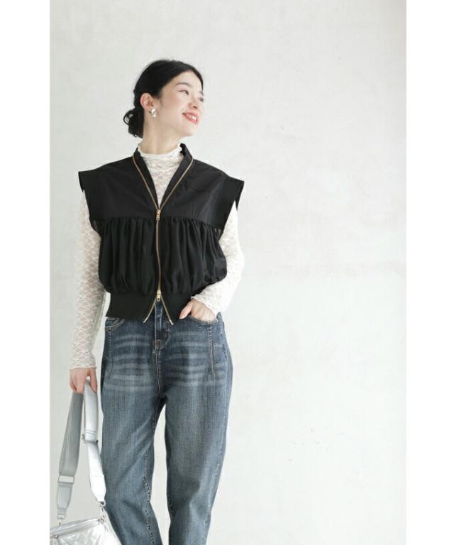 再入荷6月5日 （黒）チュールギャザーのダブルジップアップベスト cawaii fzp00147od S~L対応 Vネック 春服 春物 夏 夏服 夏物 重ね着  レイヤード ブラック 手洗いOK キレイめ お洒落 レディース ファッション ミセス 30代 40代 50代 母の日 再入荷6月5日 （黒）チュールギャザーのダブルジップアップベスト