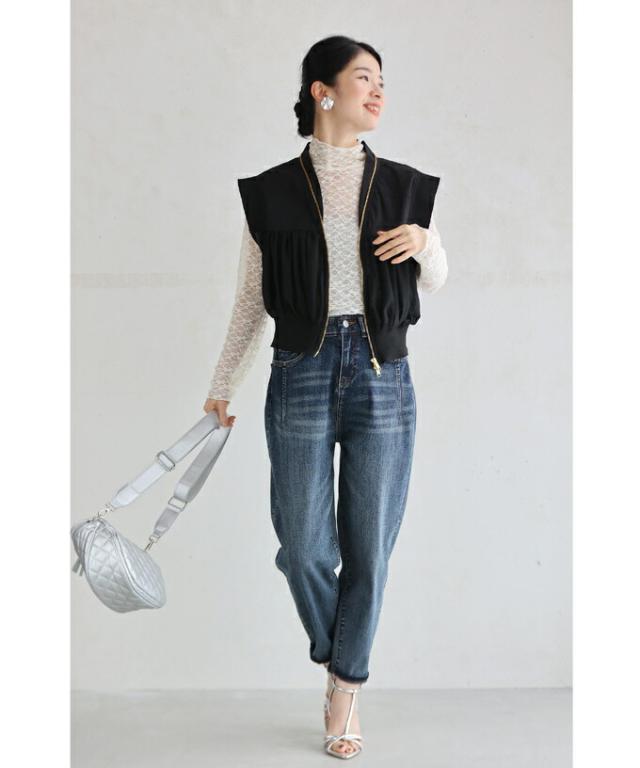 再入荷6月5日 （黒）チュールギャザーのダブルジップアップベスト cawaii fzp00147od S~L対応 Vネック 春服 春物 夏 夏服 夏物 重ね着  レイヤード ブラック 手洗いOK キレイめ お洒落 レディース ファッション ミセス 30代 40代 50代 母の日 再入荷6月5日 （黒）チュールギャザーのダブルジップアップベスト