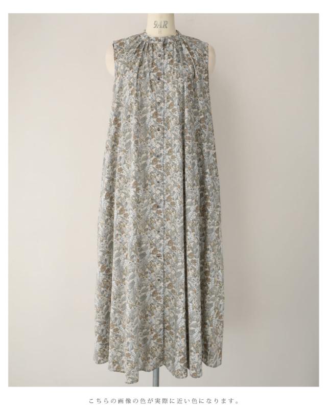 再入荷9月5日 首元タックの淡いボタニカル柄ロングワンピース cawaii