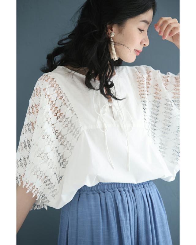 新作7月25日 煌めくようなダイヤカットレースのゆったり袖ブラウス