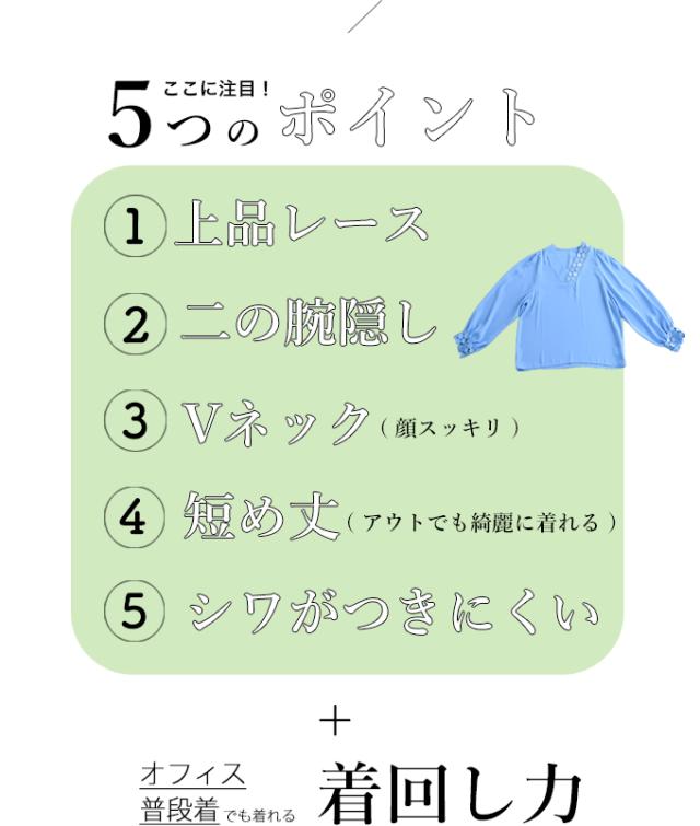 「CAWAII」w5-51222（S~L/2L~3L対応）(ブルー)ドットレースのアシンメトリーネックブラウストップス　トップス　ブラウス　レース　　　　の通販は
