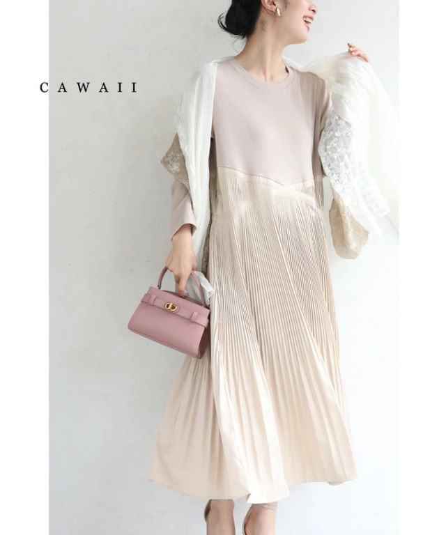 再入荷12月15日 ウエストクロスラインの細やかプリーツミディアムワンピース  (S-2L対応) w50146nc cawaii ワンピース ひざ下丈 ミモレ丈 長袖 切り替えワンピース プリーツ ゆったり 体型カバー Tシャツ 春 秋冬 ピンク 50代 60代 40代 通勤 きれいめ 母の日