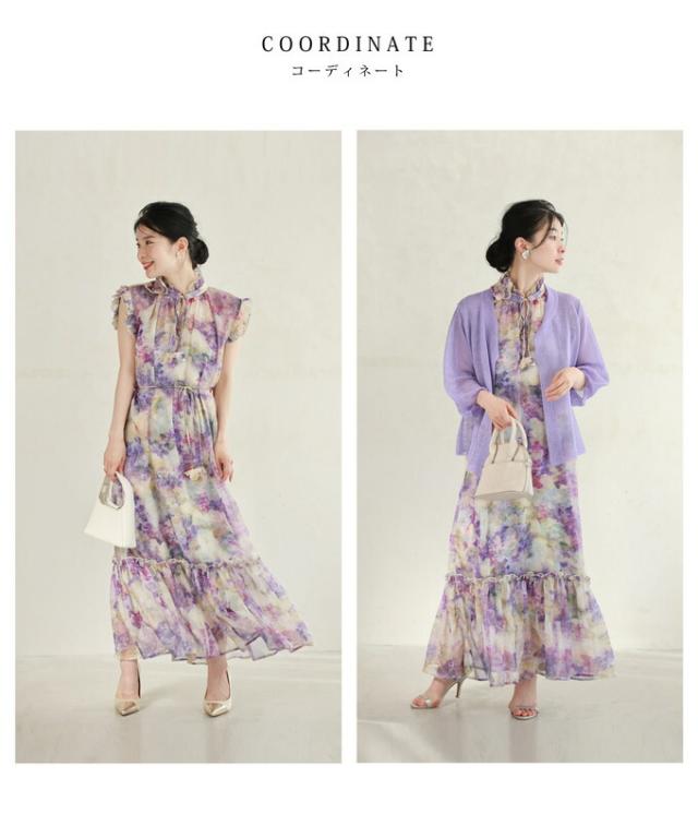 再入荷8月24日 花飾りネックのロマンティックシフォンワンピース（紐ベルト・インナー付き） ワンピース ノースリーブ レディース ファッション 夏 春 シフォン 花飾り フリル cawaii w50419nc 福袋 キレイめ シンプル ミセス 30代 40代 50代 再入荷8月24日 花飾りネックのロマンティックシフォンワンピース（紐