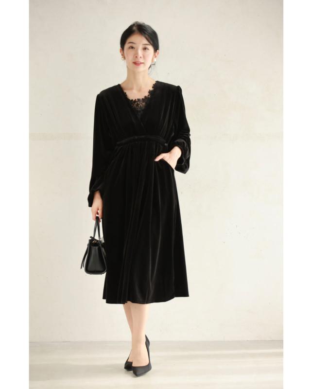 再入荷9月19日 （黒）Xラインギャザーの艶ベロア調ミディアムワンピース 秋 冬 伸縮 長袖 Vネック カシュクール 光沢感 ハイウエスト エレガント 上品 ベーシック パーティー 女子会 cawaii w50431nc S~L対応 レディース ファッション 大人 ママ ミセス 30代 40代 50代 再入荷9月19日 （黒）Xラインギャザーの艶ベロア調ミディアム