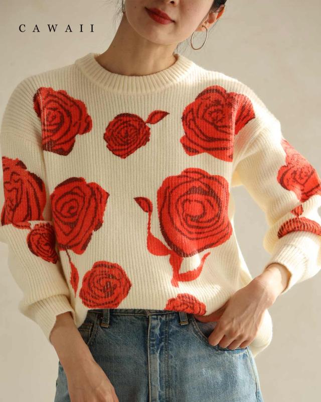 再入荷12月19日 満開のバラ咲くニットプルオーバートップス cawaii w50516nc S~3L対応 伸縮性 アイボリー 花 日常使い デイリー 暖かい 秋 冬 おしゃれ 個性的 大人可愛い リブ 大柄 セーター レディース ファッション 大人 ママ ミセス 30代 40代 50代 の通販は 9,230円