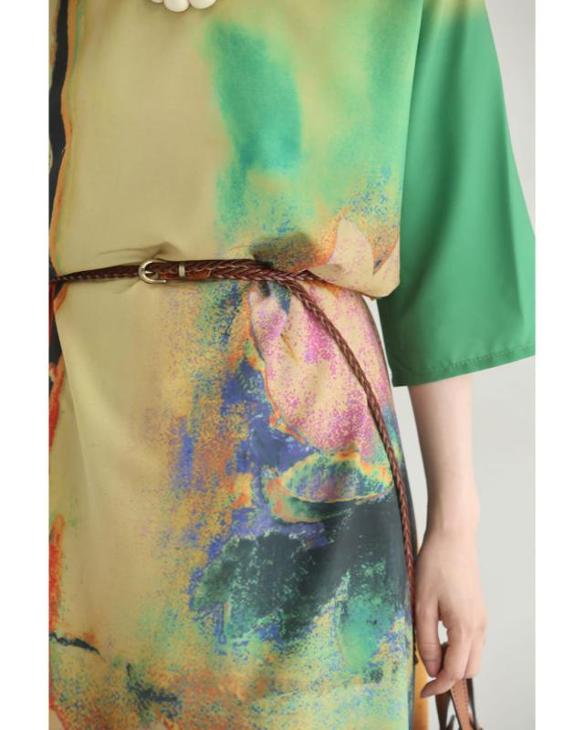 新作7月14日 朝露に濡れる蓮の花のミディアムワンピース cawaii w50532nc S~L対応 半端袖 花柄  アート柄 グリーン オシャレ 個性的 大人可愛い エレガント 上品 春服 春物 夏服 夏物 薄手 レディース ファッション ミセス 30代 40代 50代