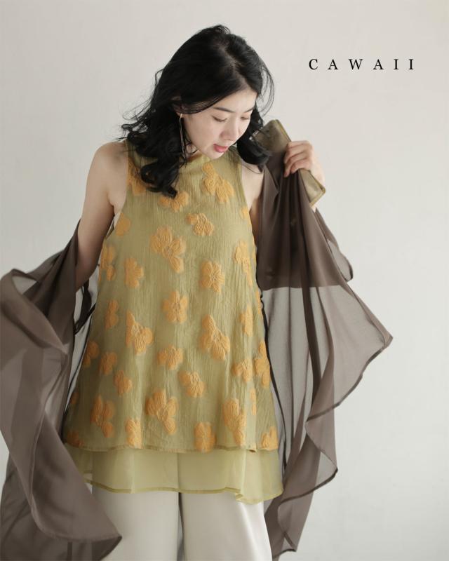 新作8月20日 浮かび上がる花刺繍の重なるベールチュニック cawaii w50534nc S~L対応 ノースリ シアー リボン 花柄 カーキ オシャレ 個性的 大人可愛い エレガント 上品 春服 春物 夏服 夏物 薄手 レディース ファッション ミセス 30代 40代 50代