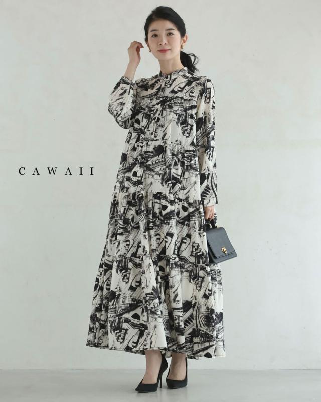 新作10月11日 モノクロームの街並み映すティアードロングワンピース cawaii w50540nc S~3L対応 日常 おでかけ アート柄 フレア とろみ感 楽ちん 体型カバー 大人可愛い プリント レディース ファッション 大人 ママ ミセス 30代 40代 50代 60代