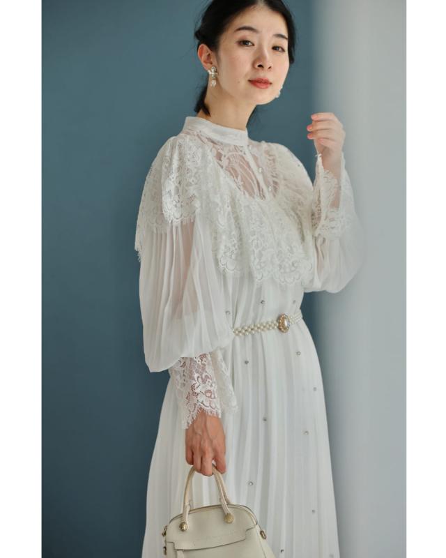 新作10月2日 ぐるり囲むレースのビジュープリーツロングワンピース