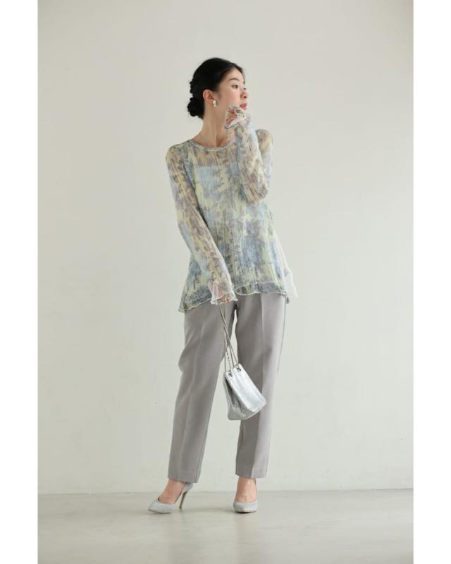 新作9月22日 ふんわり着心地柔らかな淡花シアーニットカットソートップス cawaii w50564nc S~L対応 長袖 総柄 レイヤード イエロー オシャレ 個性的 大人可愛い エレガント 上品 秋服 秋物 春服 春物 綿100％  レディース ファッション ミセス 30代 40代 50代 新作9月22日 ふんわり着心地柔らかな淡花シアーニットカットソー