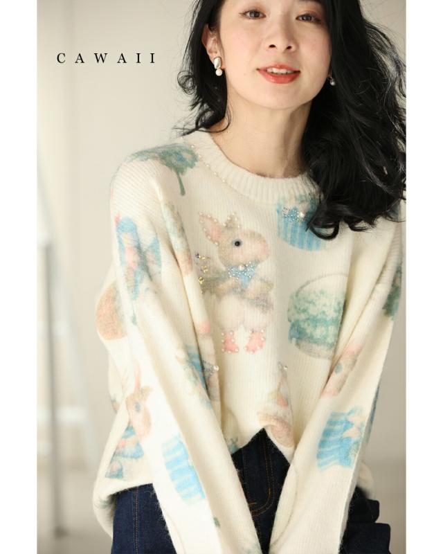 再入荷12月4日 おめかしウサギのふわもちニットプルオーバートップス cawaii w50571nc S~L対応 長袖 パール ビジュー 総柄 アイボリー オシャレ 大人可愛い エレガント 上品 秋 冬 レディース ファッション ミセス 30代 40代 50代