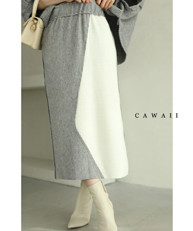 ニット スカート 膝丈 ツートンカラー w53876 S-M 伸びやかニットのツートンカラーミディアムスカート w53876 母の日 スカート ミモレ丈 シンプル 暖かい 秋冬 オケージョン お呼ばれ 通勤 オフィス きれいめ 上品の通販は 8,395円