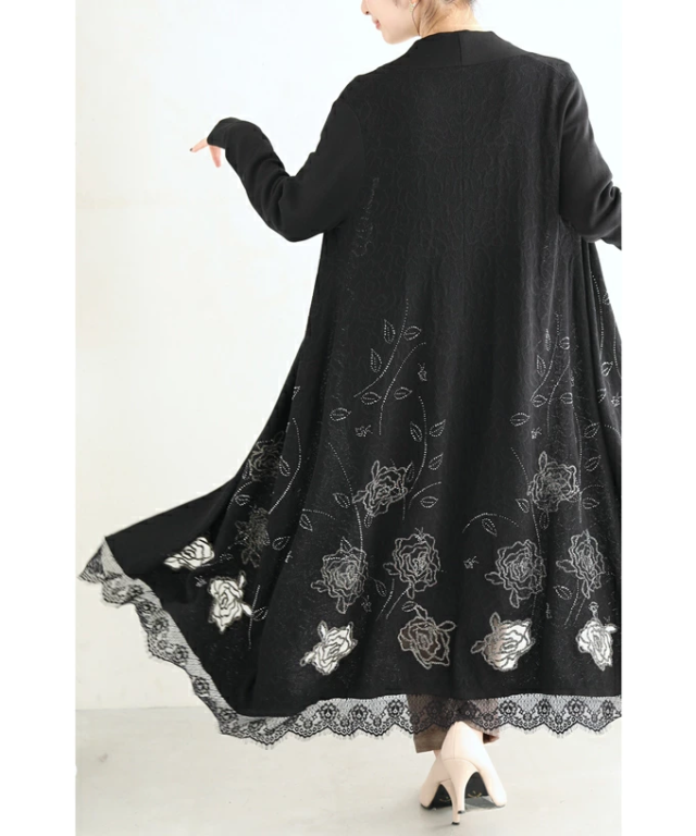 カーディガン 秋冬 ニットカーディガン ロング w53920 M~3L 黒 煌めく