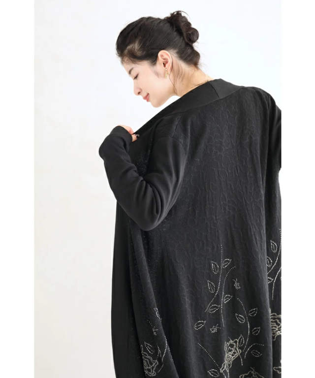 カーディガン 秋冬 ニットカーディガン ロング w53920 M~3L 黒 煌めく