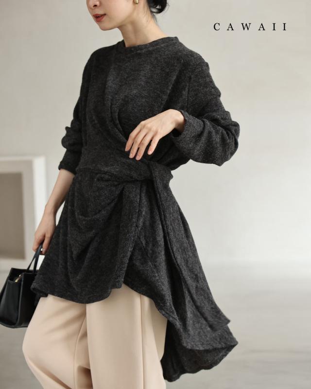 再入荷1月9日 ウエスト結ぶフィッシュテールニットチュニック トップス チュニック レディース ファッション 秋服 冬服 着回し レイヤード 体型カバー cawaii w54243 S~3L対応 チャコール グレー 日常使い キレイめ シンプル ミセス 30代 40代 50代の通販は 8,117円