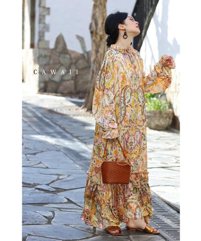 再入荷6月14日  （紐ベルト付き）カラフルな色遊びペイズリーのフリルネックロングワンピース cawaii w60385ps M~3L対応 春服 春物 楽ちん フリル ティアード ピンク おでかけ リゾート 旅行 レディース ファッション ミセス 30代 40代 50代 母の日