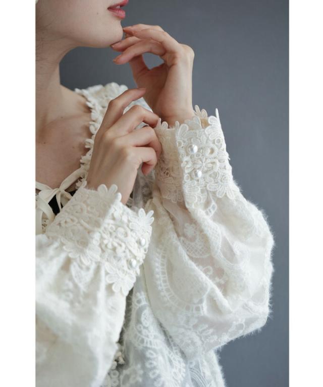 再入荷1月24日 花 レース ネック の ふわふわ 起毛 シアー ブラウス