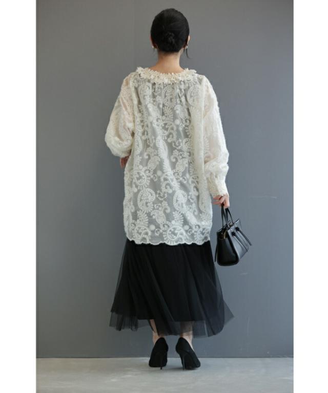 再入荷1月24日 花 レース ネック の ふわふわ 起毛 シアー ブラウス