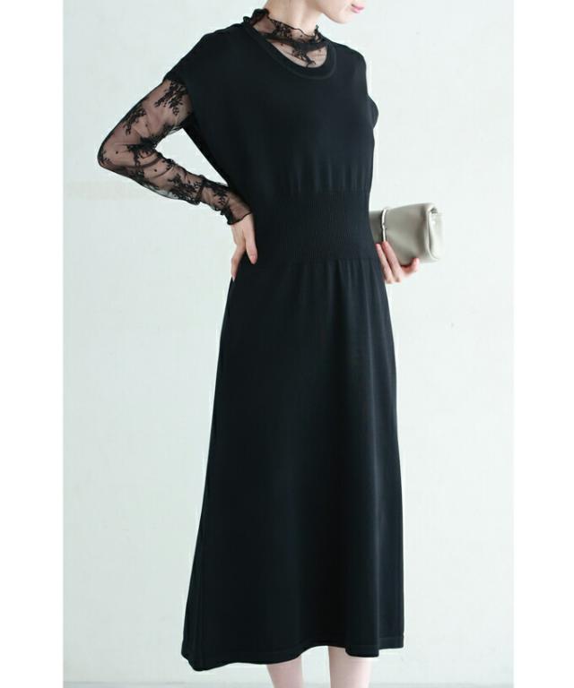 再入荷12月1日 ウエストマークリブのニットミディアムワンピース