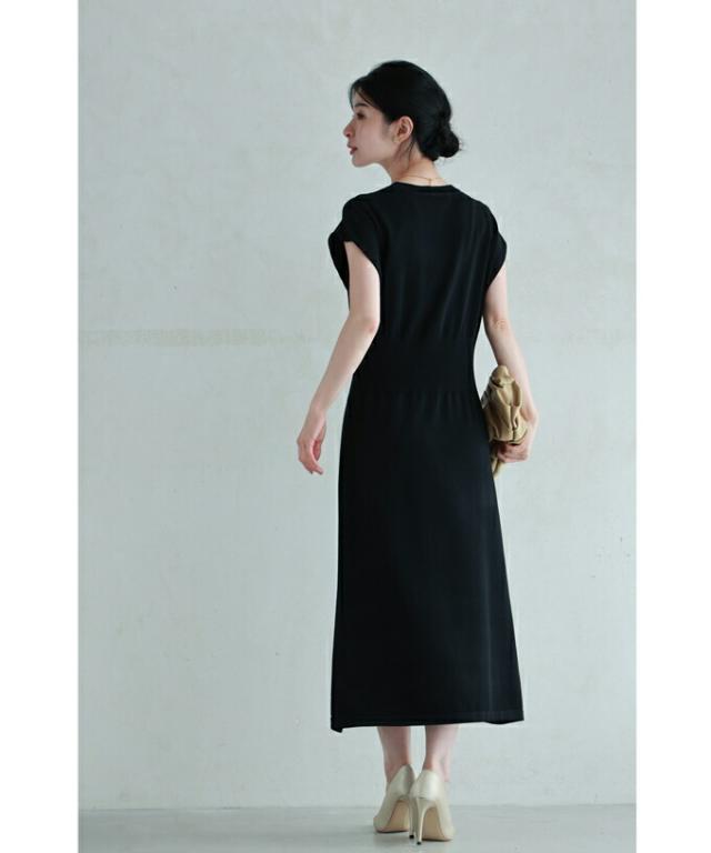 再入荷12月1日 ウエストマークリブのニットミディアムワンピース cawaii w60598ps S~L対応 春 夏 秋 ブラック グレー シンプル ちょい袖 スタイリッシュ メリハリ スタイルアップ 日常使い オケージョン ファッション 大人 ママ ミセス 30代 40代 50代 再入荷12月1日 ウエストマークリブのニットミディアムワンピース