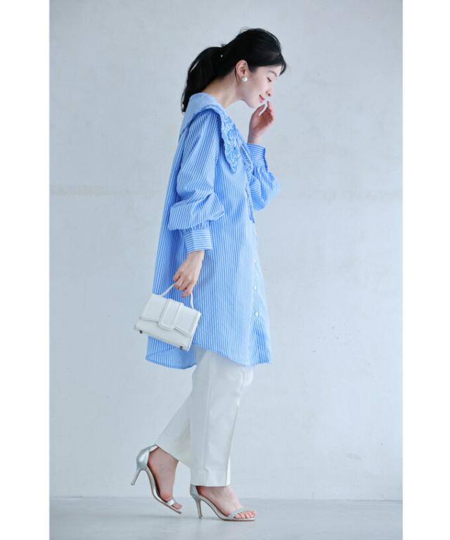 再入荷8月1日 刺繍 が 美しい ビッグ カラー の ストライプ ロング