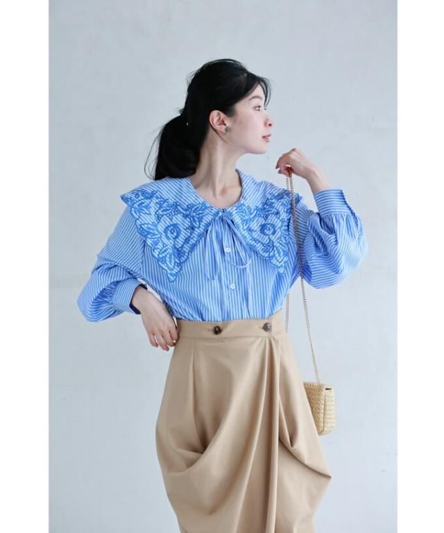 再入荷8月1日 刺繍 が 美しい ビッグ カラー の ストライプ ロング シャツ トップス レディース ファッション 春服 秋服 着回し チュニック 体型カバー 刺繍 cawaii w60640ps 日常使い キレイめ シンプル ミセス 30代 40代 50代 再入荷8月1日 刺繍 が 美しい ビッグ カラー の ストライプ ロング