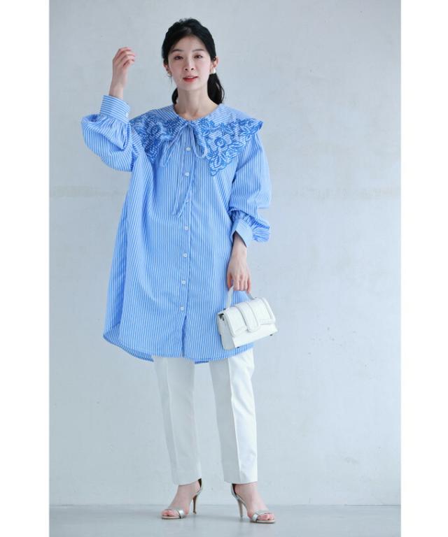 再入荷8月1日 刺繍 が 美しい ビッグ カラー の ストライプ ロング