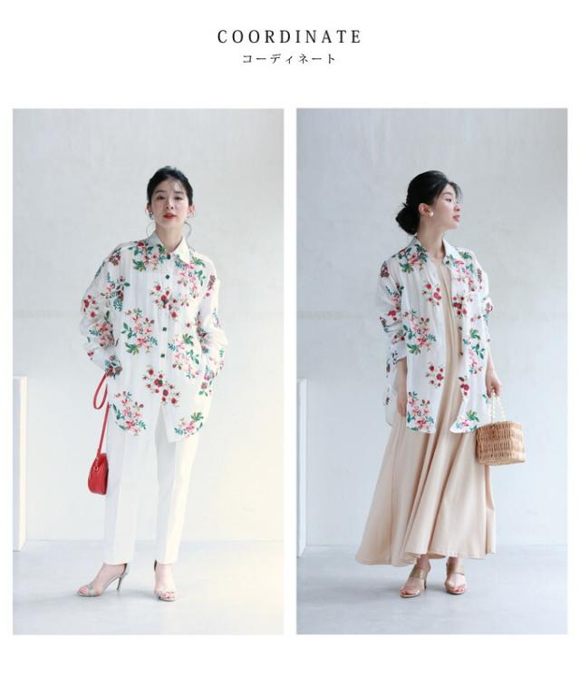 再入荷6月14日 アンティーク風ビジューボタンの花刺繍シャツトップス