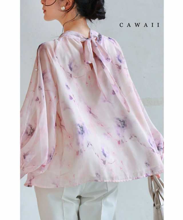 再入荷8月11日 スリットスリーブのふんわり滲むアート画ブラウストップス cawaii w60659ps S~3L対応 春服 春物 夏 夏服 夏物 ピンク 柄