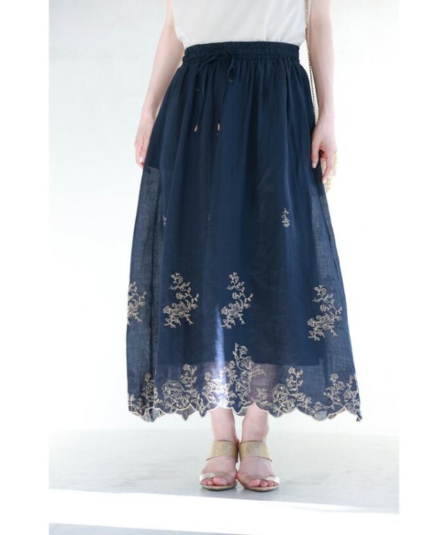 再入荷6月14日 （紺）ふんわり風舞い込む涼しさの刺繍ミディアムスカート スカート ミディアムスカート レディース ファッション 春服 夏服 着回し ウエストゴム 刺繍 リネン cawaii w60695ps S~3L対応 ネイビー 日常使い キレイめ シンプル ミセス 30代 40代 50代 再入荷6月14日 （紺）ふんわり風舞い込む涼しさの刺繍ミディアム