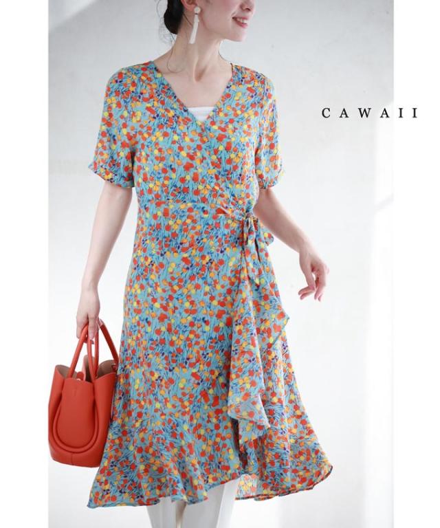 再入荷8月1日 まあるいお花が咲くラップデザインミニワンピース cawaii w60710ps 半袖 Vネック リボン マルチカラー カラフル オシャレ 個性的 大人 エレガント 上品 春 夏 レディース ファッション ミセス 30代 40代