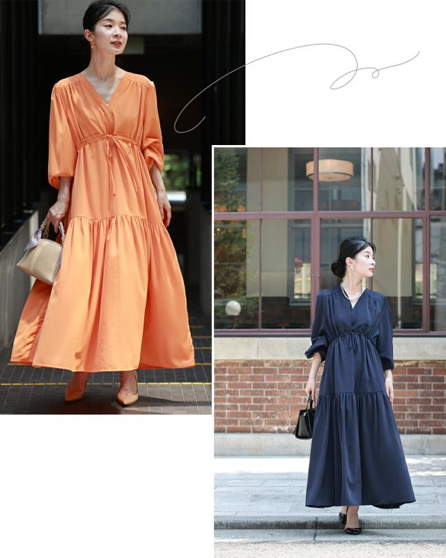 再入荷3月30日 無地でも華やかな ティアードロングワンピース cawaii