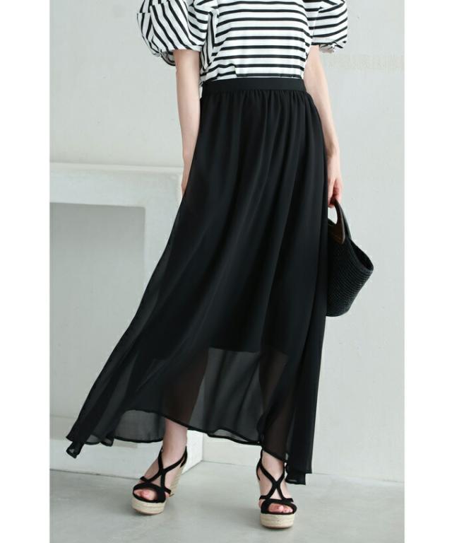 再入荷8月14日 （黒）美しく揺らめく涼やかシアーブラックのブラウスとスカート【set】 cawaii w60780ps S~2L対応 春 夏 秋 着回し 体型カバー ブラック エレガント 大人可愛い 上品  2点セット セットアップ レディース ファッション 大人 ママ ミセス 30代 40代 福袋 再入荷8月14日 （黒）美しく揺らめく涼やかシアーブラックのブラウスと