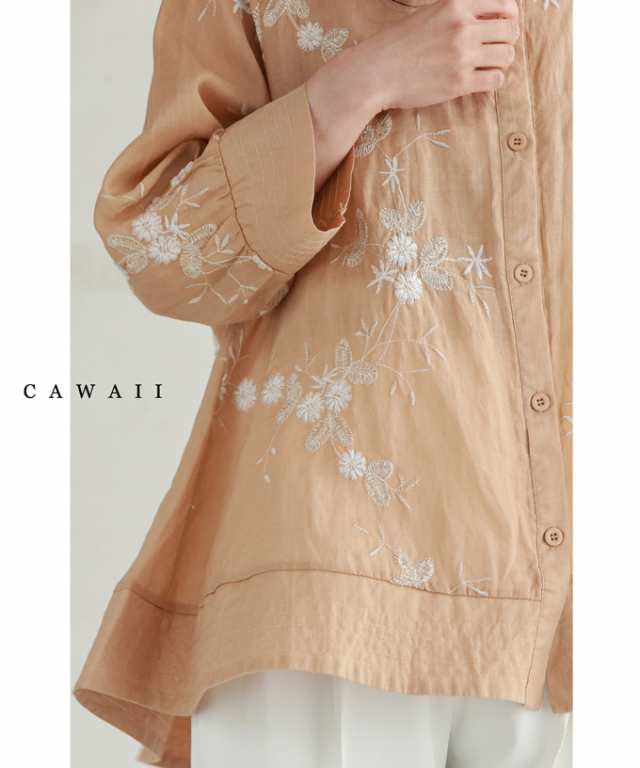 再入荷8月5日 Aラインに広がる花刺繍シャツトップス cawaii w60848ps S~2L対応 春服 春物 夏 夏服 夏物 体型カバー ベージュ 刺繍 ７分袖