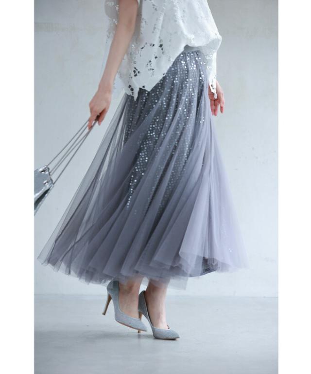 再入荷9月4日 煌めきを秘めたドラマティックチュールミディアムスカート cawaii w60858ps S~L対応 春服 春物 夏服 夏物 エレガント グレー フレア Aライン 日常使い パーティー 女子会 ウエストゴム スパンコール レディース ファッション ミセス 30代 40代 再入荷9月4日 煌めきを秘めたドラマティックチュールミディアム
