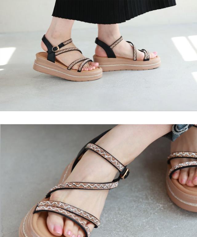 ラインストーン流れるストラップの厚底サンダル サンダル ストラップ