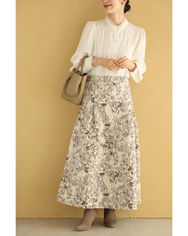 再入荷8月9日 森に潜むウサギのタックジャガードロングスカート cawaii