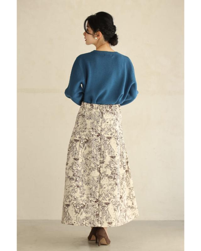 再入荷8月9日 森に潜むウサギのタックジャガードロングスカート cawaii w60881ps S~M対応 後ろゴム ファスナー ふんわり 総柄 ボタニカル アイボリー オシャレ 個性的 大人可愛い エレガント 上品 春 秋服 秋物 冬服 冬物 レディース ファッション ミセス 30代 40代 50代 再入荷8月9日 森に潜むウサギのタックジャガードロングスカート cawaii