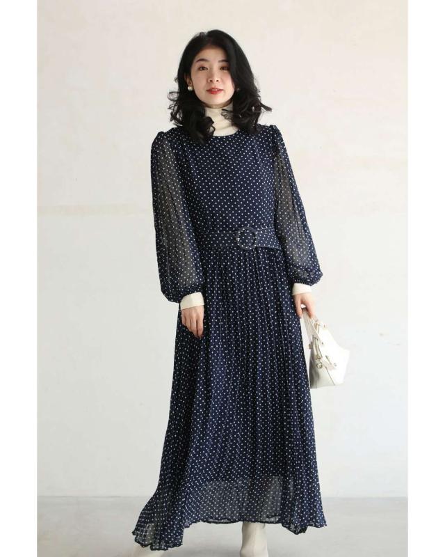 再入荷11月4日 （濃紺）クラシカルなシアードットロングワンピース
