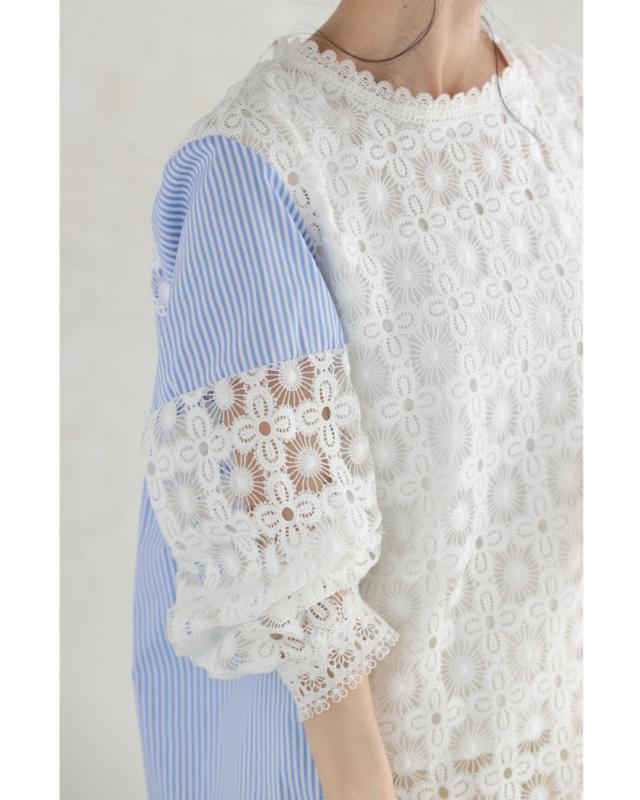 新作2月13日 シャツとステンドグラスレースのドッキングブラウス