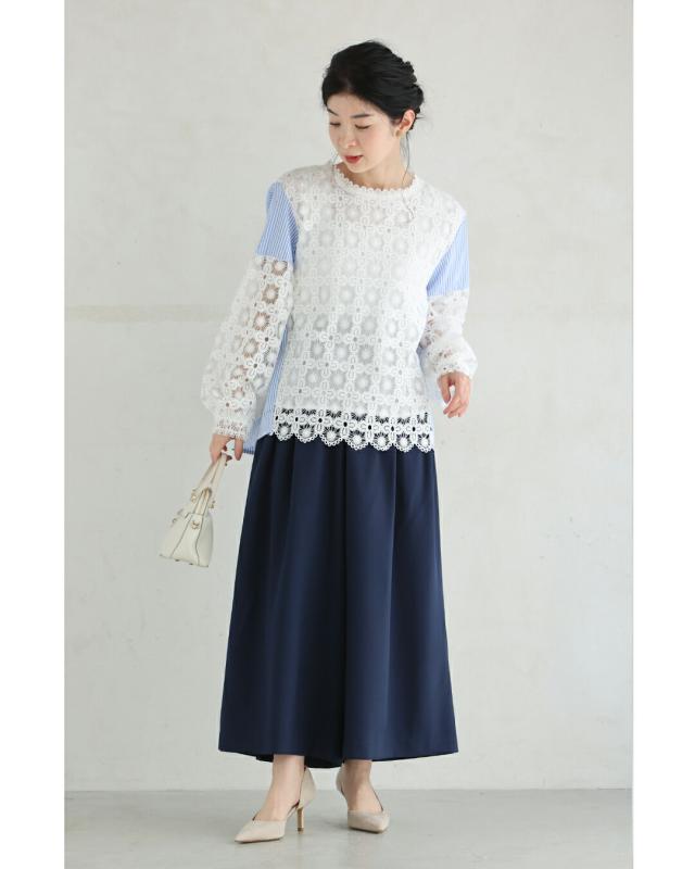 新作2月13日 シャツとステンドグラスレースのドッキングブラウス