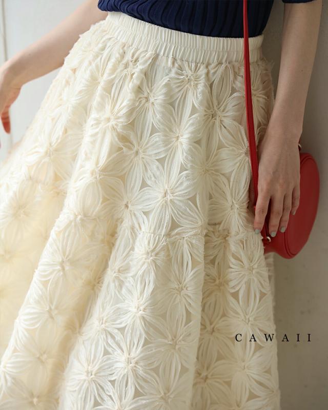 再入荷7月29日 リボンの花咲くベールミディアムスカート cawaii w61111ps S~3L対応 アイボリー ひざ下 フレア 立体花 オーガンジー 春 夏 おしゃれ 清楚感 体型カバー 大人可愛い デイリー使い おでかけ 旅行 レディース ファッション 大人 ママ ミセス 30代 40代 50代