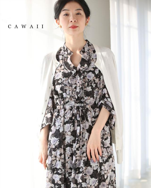 新作2月16日 （黒）シアーベールに咲き誇るエレガントな花柄ミディアムワンピース cawaii w61120ps S~M対応 長袖 総柄 リボン 透け感 ブラック オシャレ 個性的 大人可愛い エレガント 上品 秋服 秋物 春服 春物 夏 薄手 レディース ファッション ミセス 30代 40代 50代