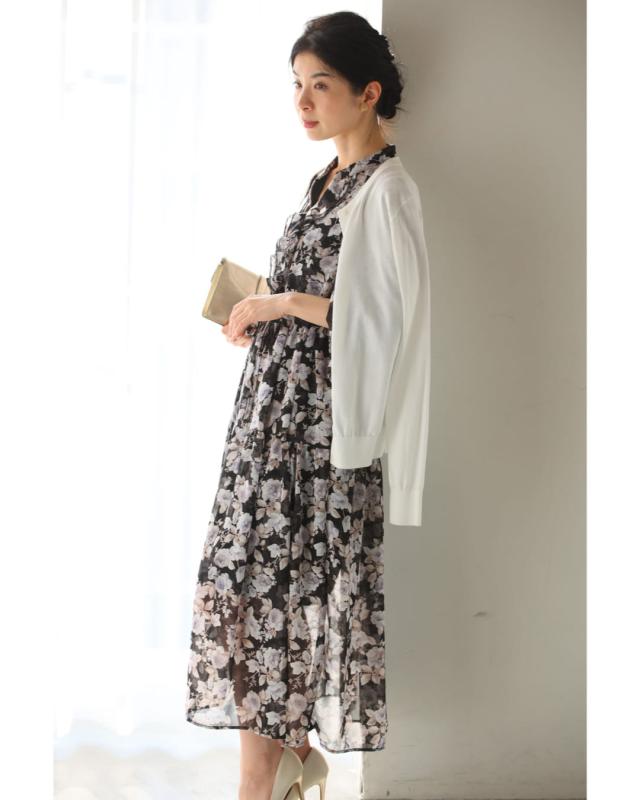 新作2月16日 （黒）シアーベールに咲き誇るエレガントな花柄ミディアム