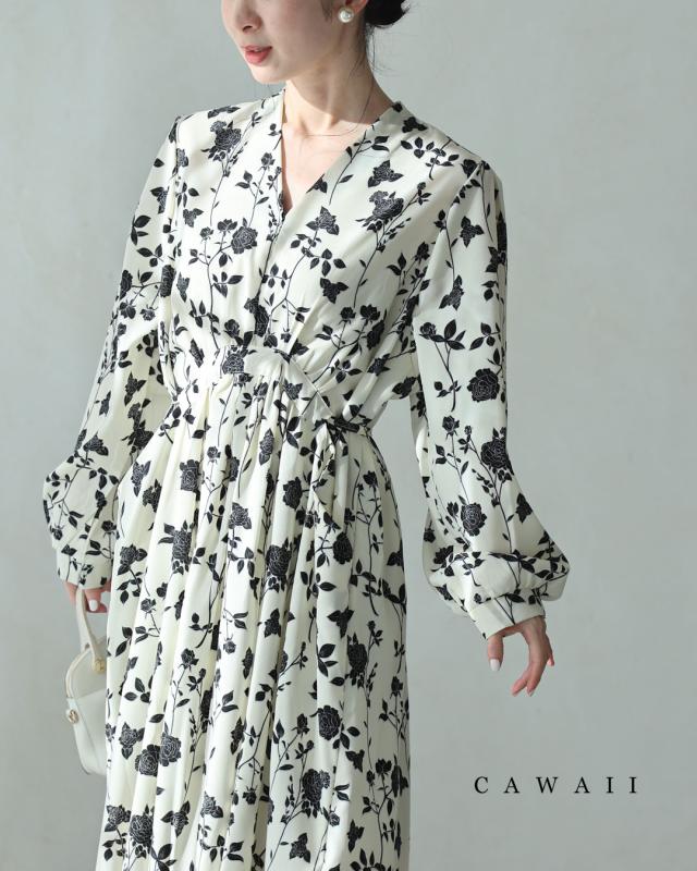再入荷2月24日 黒薔薇のシャーリングウエストミディアムワンピース cawaii w61122ps S~3L対応 長袖 Vネック メリハリ 総柄 バラ ホワイト オシャレ 個性的 大人可愛い エレガント 上品 秋 春服 春物 夏服 夏物 薄手 レディース ファッション ミセス 30代 40代 50代の通販は