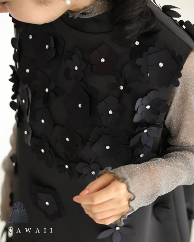 再入荷12月14日 （黒）浮かぶ花のブルーミングミニワンピース cawaii w61127ps S~L対応 ノースリ 花モチーフ ビジュー ブラック オシャレ 個性的 大人可愛い エレガント 上品 春 秋 冬 レディース ファッション ミセス 30代 40代 50代