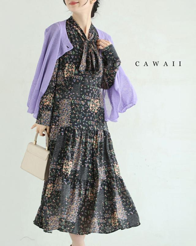 新作2月14日 （黒）パッチワーク風小花柄合わせミディアムワンピース cawaii w61131ps S~L対応 長袖 ティアード ボータイ レトロ 小花柄 ブラック オシャレ 個性的 大人可愛い エレガント 上品 春服 春物 夏服 夏物 秋 薄手 レディース ファッション ミセス 30代 40代 50代