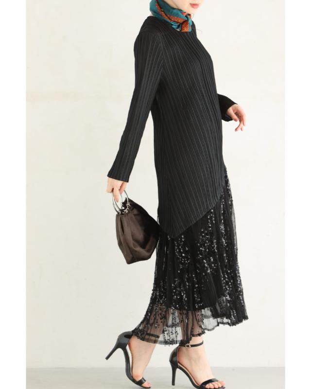 新作2月13日 （黒）華やかなスパンコール煌めく切り替えプリーツワンピース（リボン付き） cawaii w61148ps S~3L対応 長袖 装飾 ブラック オシャレ 個性的 大人可愛い エレガント 上品 春服 春物 秋服 秋物 薄手 伸縮性 レディース ファッション ミセス 30代 40代 50代 新作2月13日 （黒）華やかなスパンコール煌めく切り替えプリーツ