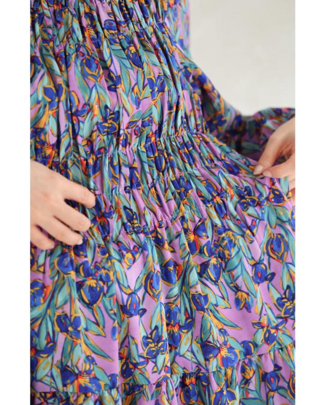 再入荷9月5日 鮮やかに描いた花のシャーリングミディアムワンピース